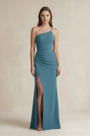 One - Shoulder Sheath Satin Bridesmaid Dress in Dark Teal - KissProm Bridesmaid Dresses