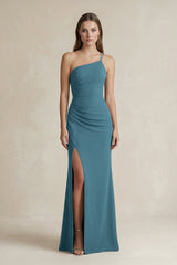 One - Shoulder Sheath Satin Bridesmaid Dress in Dark Teal - KissProm Bridesmaid Dresses