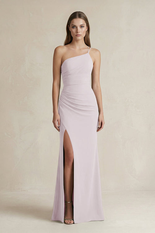One - Shoulder Sheath Satin Bridesmaid Dress in Dusk - KissProm Bridesmaid Dresses