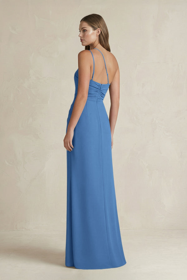 One - Shoulder Sheath Satin Bridesmaid Dress in Dusty Blue - KissProm Bridesmaid Dresses