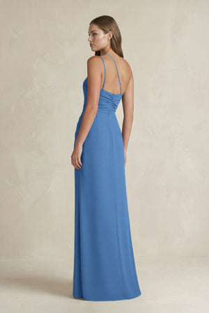 One - Shoulder Sheath Satin Bridesmaid Dress in Dusty Blue - KissProm Bridesmaid Dresses