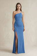 One - Shoulder Sheath Satin Bridesmaid Dress in Dusty Blue - KissProm Bridesmaid Dresses