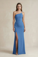 One - Shoulder Sheath Satin Bridesmaid Dress in Dusty Blue - KissProm Bridesmaid Dresses