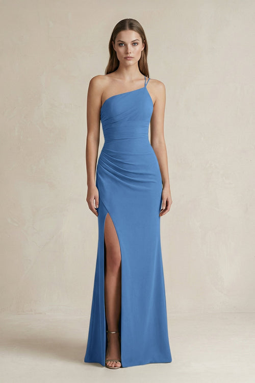One - Shoulder Sheath Satin Bridesmaid Dress in Dusty Blue - KissProm Bridesmaid Dresses