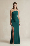 One - Shoulder Sheath Satin Bridesmaid Dress in Emerald - KissProm Bridesmaid Dresses