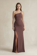 One - Shoulder Sheath Satin Bridesmaid Dress in Espresso - KissProm Bridesmaid Dresses