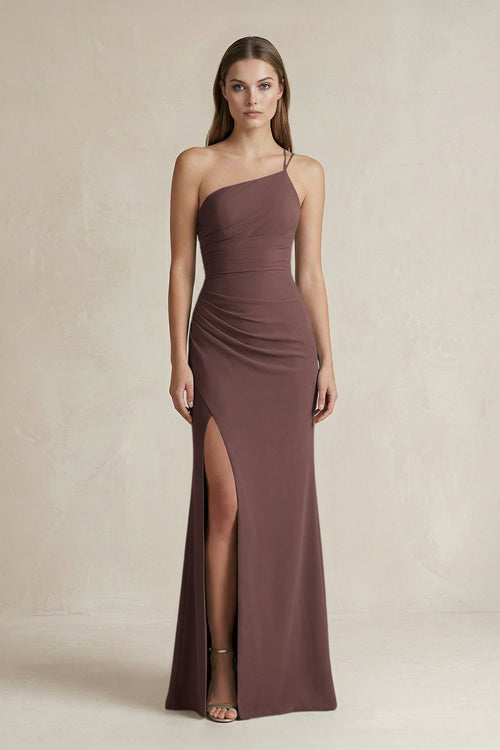 One - Shoulder Sheath Satin Bridesmaid Dress in Espresso - KissProm Bridesmaid Dresses