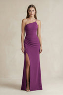One - Shoulder Sheath Satin Bridesmaid Dress in Fig - KissProm Bridesmaid Dresses