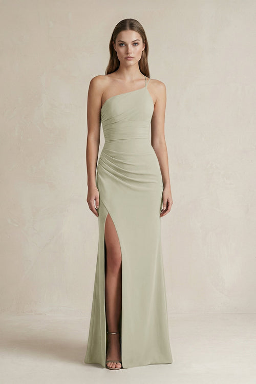 One - Shoulder Sheath Satin Bridesmaid Dress in Frost - KissProm Bridesmaid Dresses