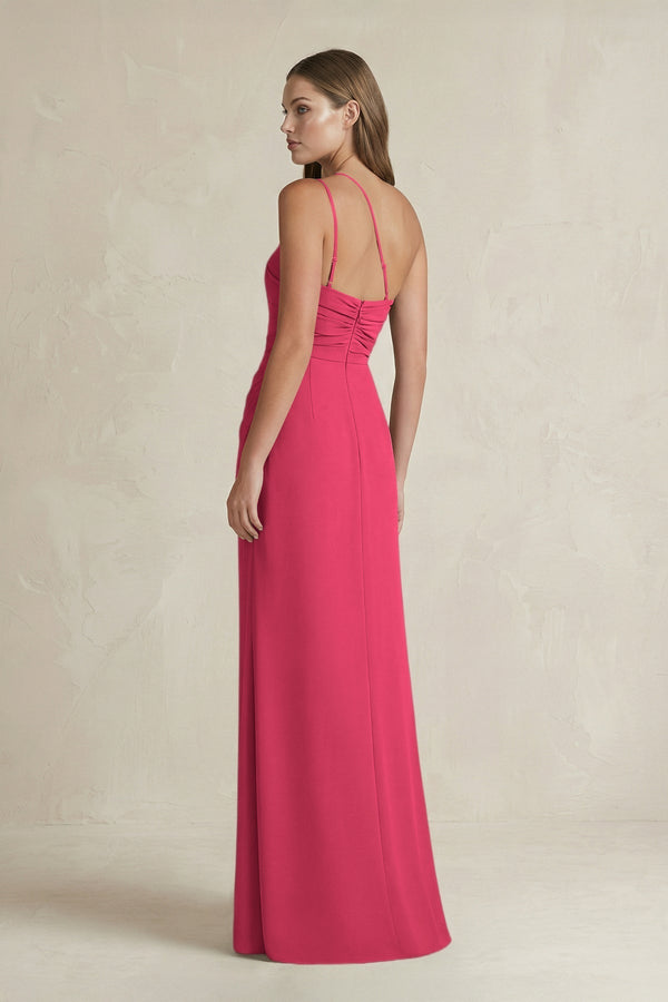 One - Shoulder Sheath Satin Bridesmaid Dress in Fuchsia - KissProm Bridesmaid Dresses