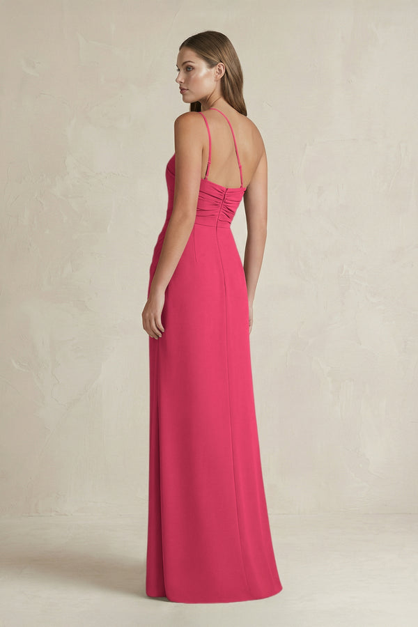 One - Shoulder Sheath Satin Bridesmaid Dress in Fuchsia - KissProm Bridesmaid Dresses