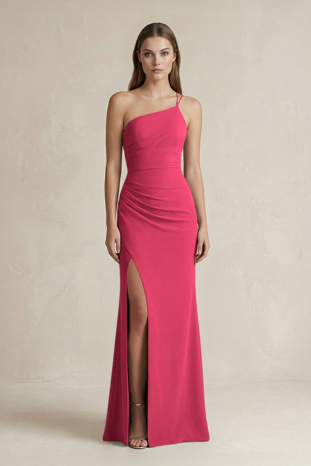 One - Shoulder Sheath Satin Bridesmaid Dress in Fuchsia - KissProm Bridesmaid Dresses