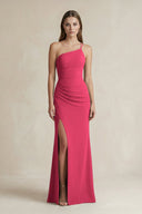 One - Shoulder Sheath Satin Bridesmaid Dress in Fuchsia - KissProm Bridesmaid Dresses
