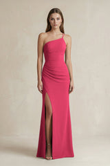 One - Shoulder Sheath Satin Bridesmaid Dress in Fuchsia - KissProm Bridesmaid Dresses