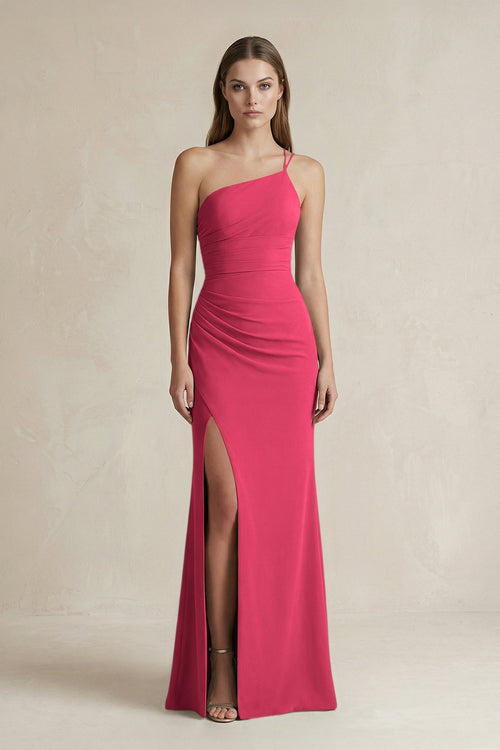 One - Shoulder Sheath Satin Bridesmaid Dress in Fuchsia - KissProm Bridesmaid Dresses