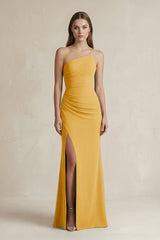 One - Shoulder Sheath Satin Bridesmaid Dress in Gold - KissProm Bridesmaid Dresses