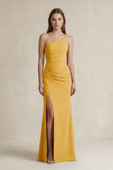 One - Shoulder Sheath Satin Bridesmaid Dress in Gold - KissProm Bridesmaid Dresses