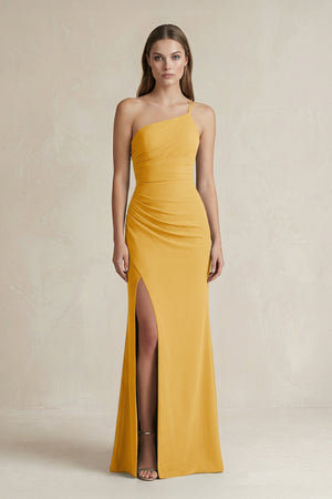 One - Shoulder Sheath Satin Bridesmaid Dress in Gold - KissProm Bridesmaid Dresses