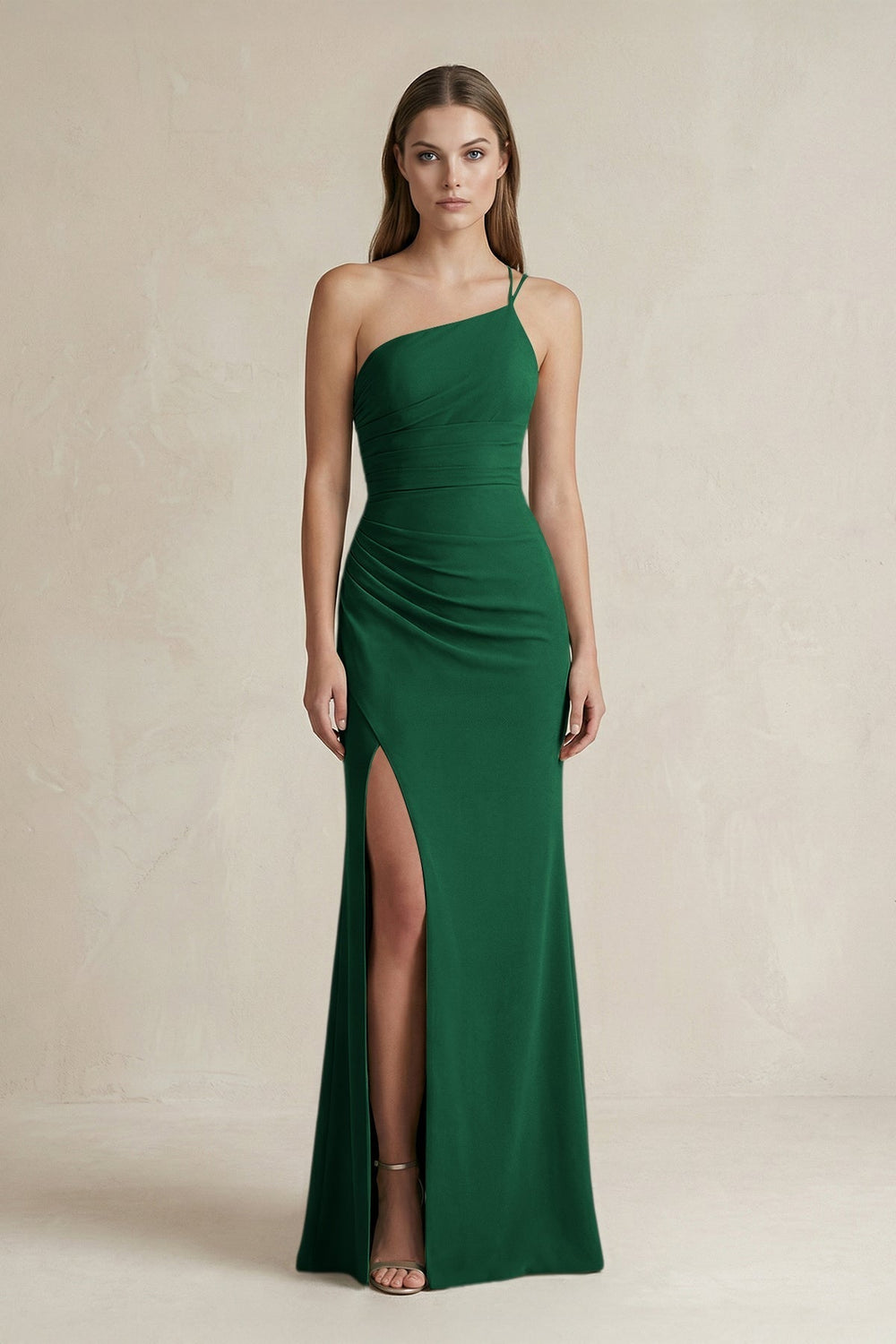 One - Shoulder Sheath Satin Bridesmaid Dress in Green - KissProm Bridesmaid Dresses