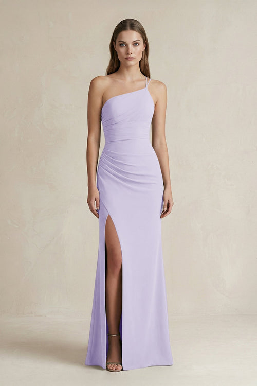One - Shoulder Sheath Satin Bridesmaid Dress in Lavender - KissProm Bridesmaid Dresses