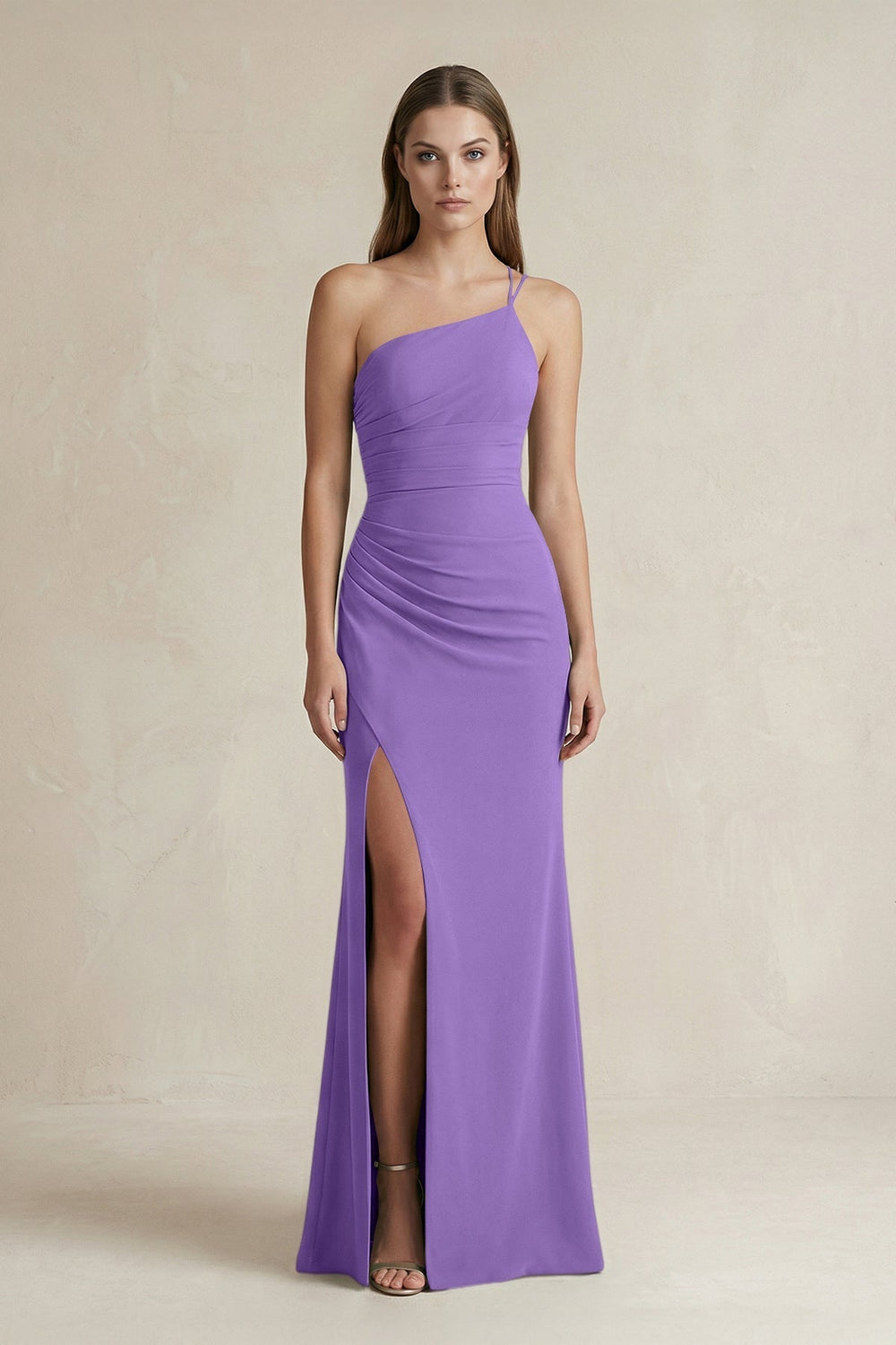 One - Shoulder Sheath Satin Bridesmaid Dress in Lilac - KissProm Bridesmaid Dresses