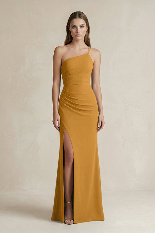 One - Shoulder Sheath Satin Bridesmaid Dress in Marigold - KissProm Bridesmaid Dresses