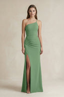 One - Shoulder Sheath Satin Bridesmaid Dress in Matcha - KissProm Bridesmaid Dresses