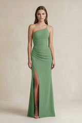 One - Shoulder Sheath Satin Bridesmaid Dress in Matcha - KissProm Bridesmaid Dresses