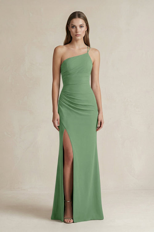 One - Shoulder Sheath Satin Bridesmaid Dress in Matcha - KissProm Bridesmaid Dresses