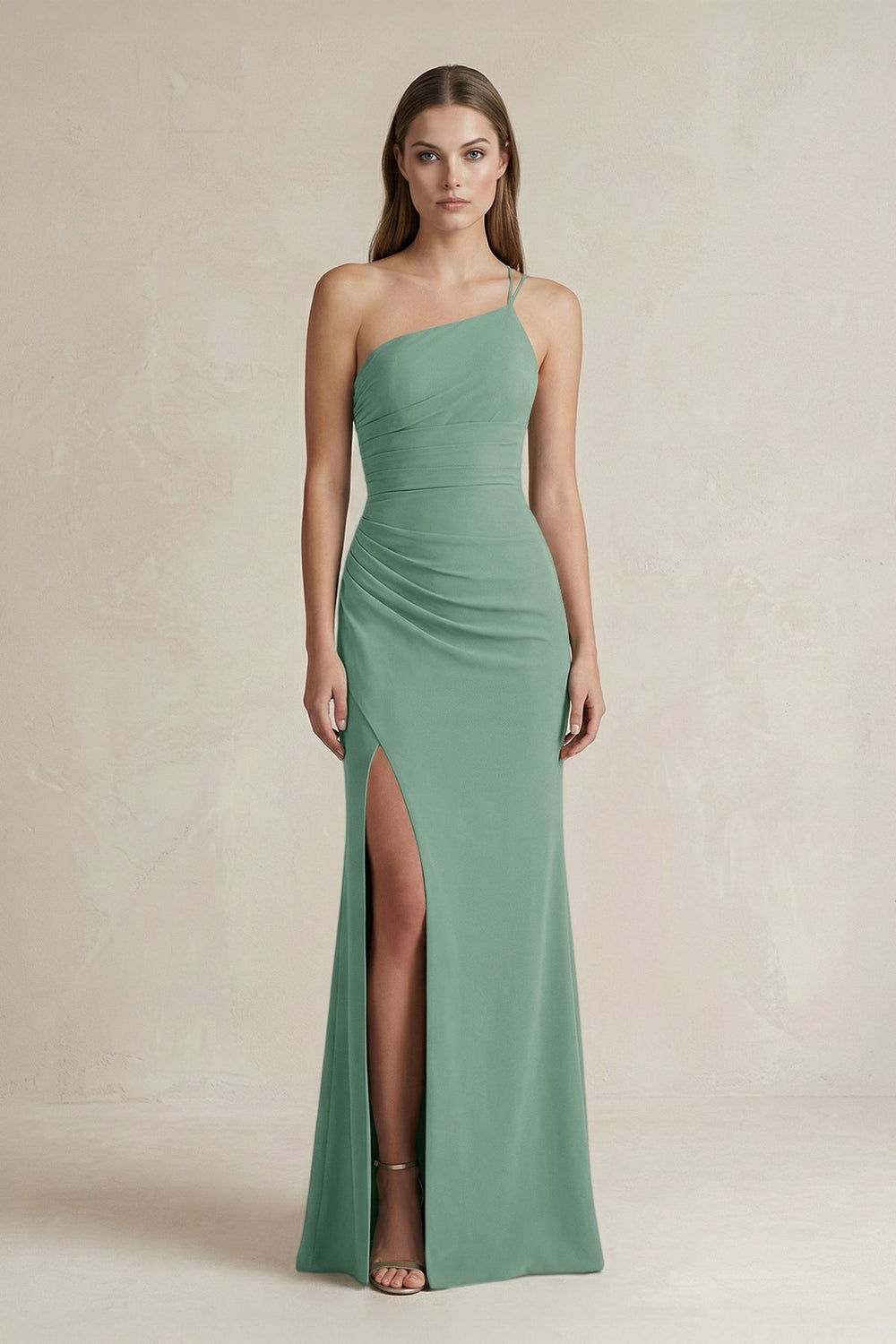 One - Shoulder Sheath Satin Bridesmaid Dress in Mint Green - KissProm Bridesmaid Dresses