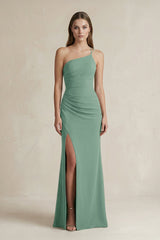 One - Shoulder Sheath Satin Bridesmaid Dress in Mint Green - KissProm Bridesmaid Dresses