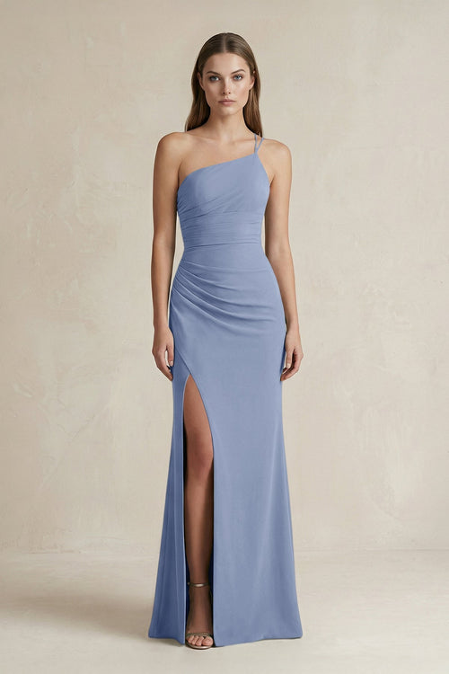 One - Shoulder Sheath Satin Bridesmaid Dress in Mist - KissProm Bridesmaid Dresses
