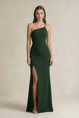One - Shoulder Sheath Satin Bridesmaid Dress in Moss - KissProm Bridesmaid Dresses