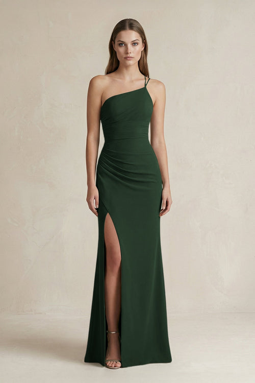 One - Shoulder Sheath Satin Bridesmaid Dress in Moss - KissProm Bridesmaid Dresses