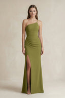 One - Shoulder Sheath Satin Bridesmaid Dress in Moss Green - KissProm Bridesmaid Dresses