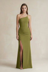 One - Shoulder Sheath Satin Bridesmaid Dress in Moss Green - KissProm Bridesmaid Dresses