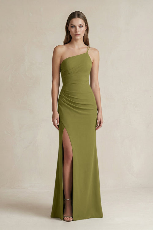 One - Shoulder Sheath Satin Bridesmaid Dress in Moss Green - KissProm Bridesmaid Dresses