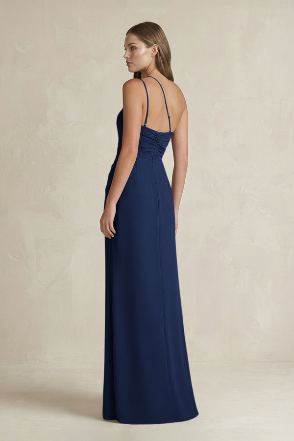 One - Shoulder Sheath Satin Bridesmaid Dress in Navy - KissProm Bridesmaid Dresses