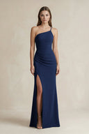 One - Shoulder Sheath Satin Bridesmaid Dress in Navy - KissProm Bridesmaid Dresses