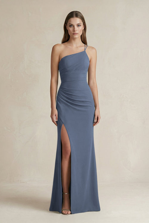 One - Shoulder Sheath Satin Bridesmaid Dress in Neptune - KissProm Bridesmaid Dresses