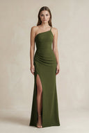 One - Shoulder Sheath Satin Bridesmaid Dress in Olive - KissProm Bridesmaid Dresses