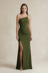 One - Shoulder Sheath Satin Bridesmaid Dress in Olive - KissProm Bridesmaid Dresses