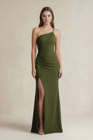 One - Shoulder Sheath Satin Bridesmaid Dress in Olive - KissProm Bridesmaid Dresses