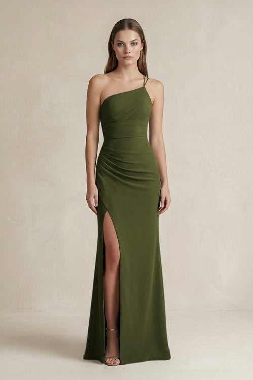 One - Shoulder Sheath Satin Bridesmaid Dress in Olive - KissProm Bridesmaid Dresses