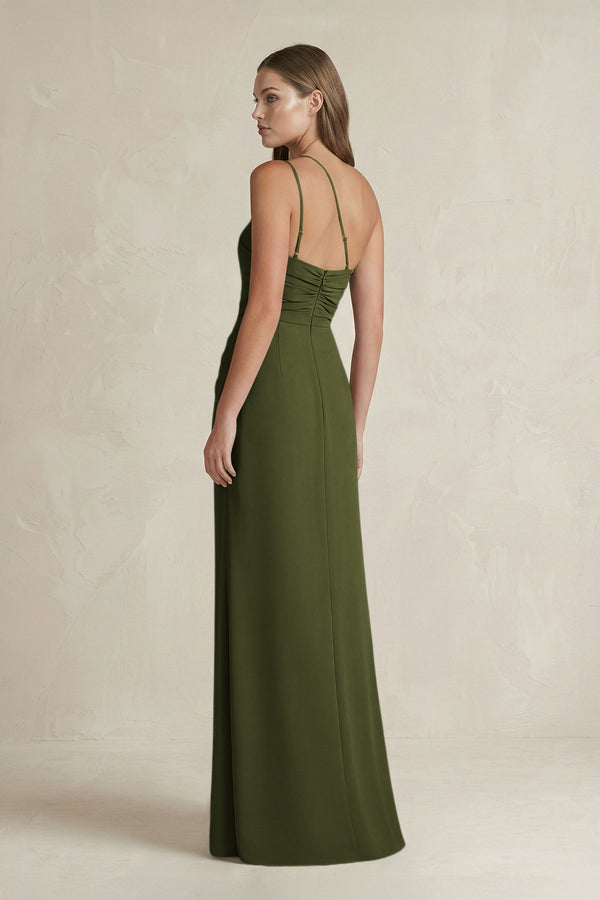 One - Shoulder Sheath Satin Bridesmaid Dress in Olive - KissProm Bridesmaid Dresses