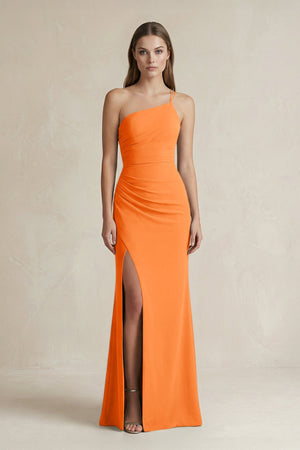 One - Shoulder Sheath Satin Bridesmaid Dress in Orange - KissProm Bridesmaid Dresses