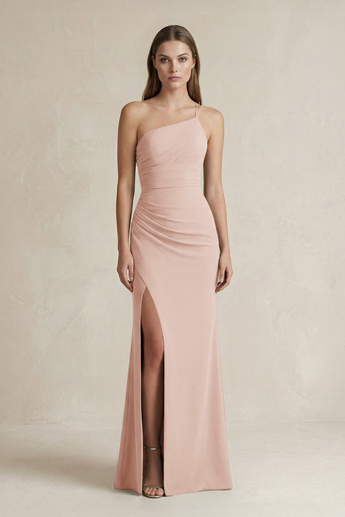 One - Shoulder Sheath Satin Bridesmaid Dress in Pale Blush - KissProm Bridesmaid Dresses