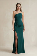 One - Shoulder Sheath Satin Bridesmaid Dress in Pine - KissProm Bridesmaid Dresses