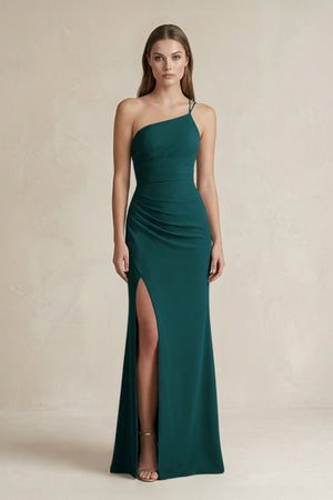 One - Shoulder Sheath Satin Bridesmaid Dress in Pine - KissProm Bridesmaid Dresses