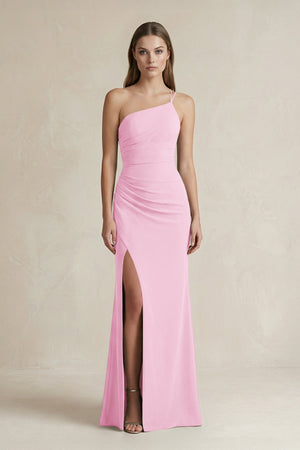 One - Shoulder Sheath Satin Bridesmaid Dress in Pink - KissProm Bridesmaid Dresses